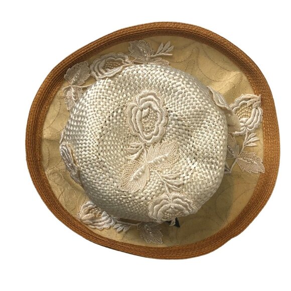 Vintage 1960S/70S Cream Tan Laurel Lace Appliqué Woven Sun Hat - Picture 8 of 10